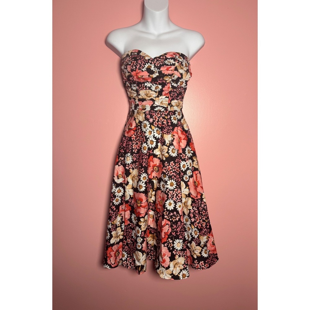 Stop Staring! Floral Strapless Dress Womens XS Pink Black Vintage Inspired